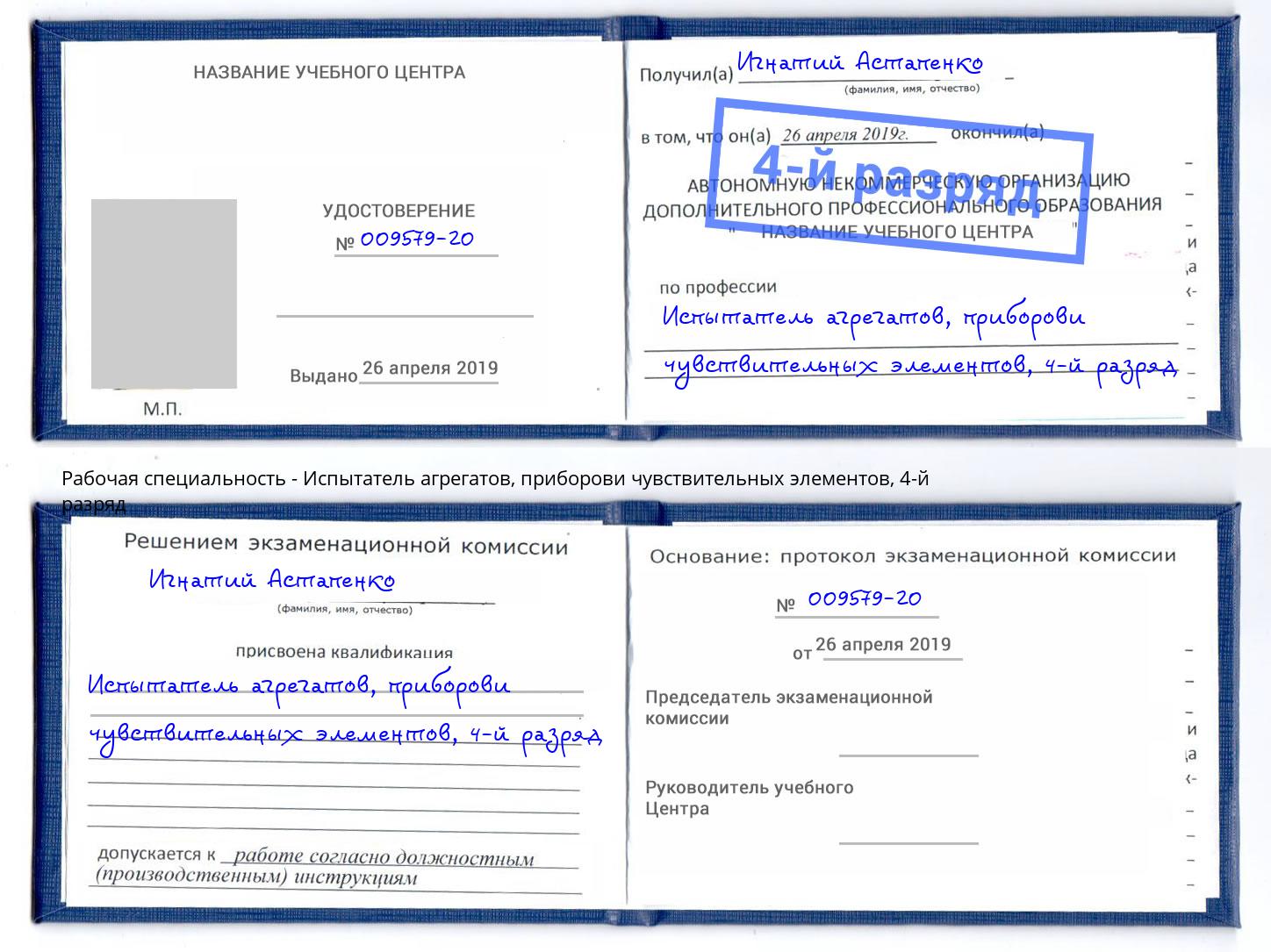 корочка 4-й разряд Испытатель агрегатов, приборови чувствительных элементов Новоалтайск
