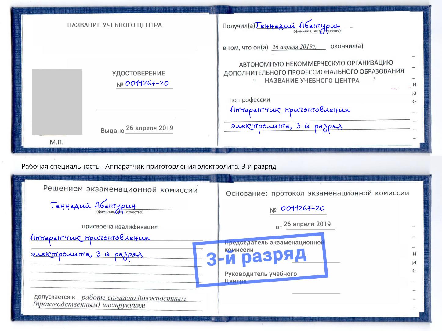 корочка 3-й разряд Аппаратчик приготовления электролита Новоалтайск